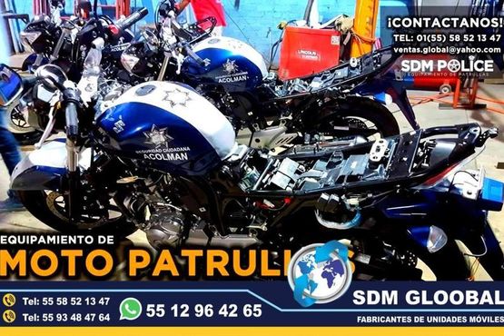 Conversion, Equipamiento y Venta de Moto Patrullas, Fabricacion y Venta de Luces Accesorios y Equipo SDM Global Mexico somos una empresa líder en el Equipamiento de MotoPatrullas asi como de unidades moviles de rescate, salvamento, proximidad, primer respodiente, equipo tactito, anti motin, fuerzas especiales, semi remolques con personal altamente capasitado para su fabricacion, Roll bar, Tumbaburros, Burrera, Banca central, Defensa trasera, Lona, Rotulacion, Pintura, Torreta de leds, sirena, bocina, codigos, estrobos, luces, etc. somos fabricantes.El término auto o moto Patrulla es utilizado para Patrullar un área concreta asignada. ​ Su función primaria es servir de apoyo a los oficiales de Policía en sus tareas diarias como rondines y traslado de delincuentes. somos fabricantes de unidades moviles especiales.Somos una Empresa Mexicana líder en el Mercado con años de experiencia, especialistas en el Equipamiento de Patrullas Equipadas Cajas y Remolques Unidades Moviles Especiales de Seguridad, Rescate, Salvamento, Salud, Comunicacion, Higine, etc.,Con La Mejor Calidad y Precio en todo el Pais, Comunicate, pide tu cotizacion te apoyamos en tu proyecto